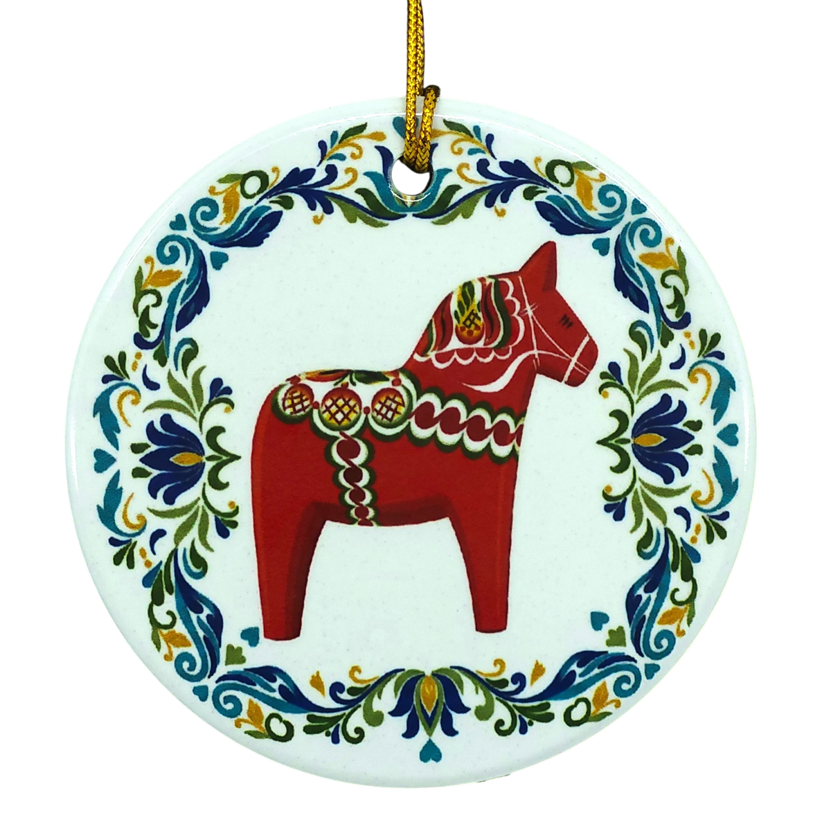 Round ceramic ornament featuring a red Swedish Dala horse with a blue and green floral rosemaling border.