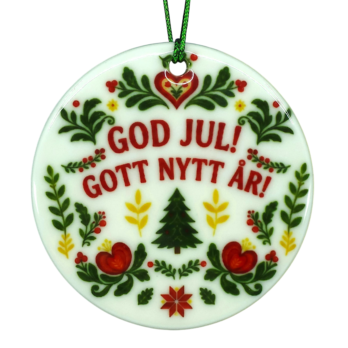 Round Scandinavian ceramic ornament featuring GOD JUL! GOTT NYTT ÅR! text surrounded by traditional floral, heart, and evergreen tree illustrations.
