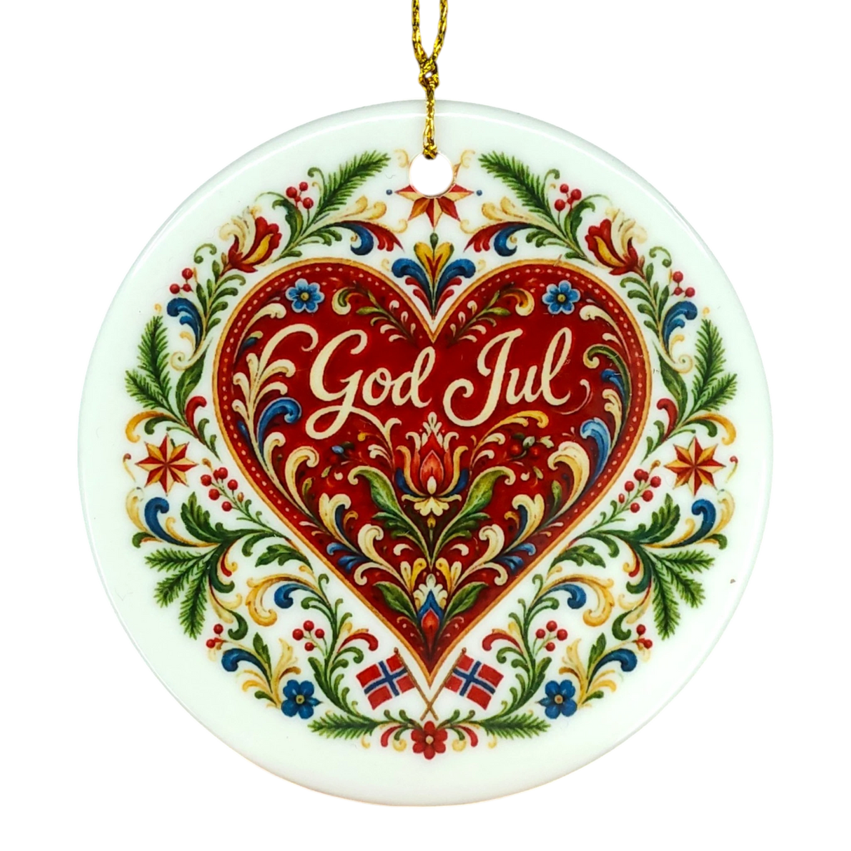 Ceramic Nordic ornament with a red heart, floral accents, “God Jul” at the center, and two small Norwegian flags below in traditional folk art style.