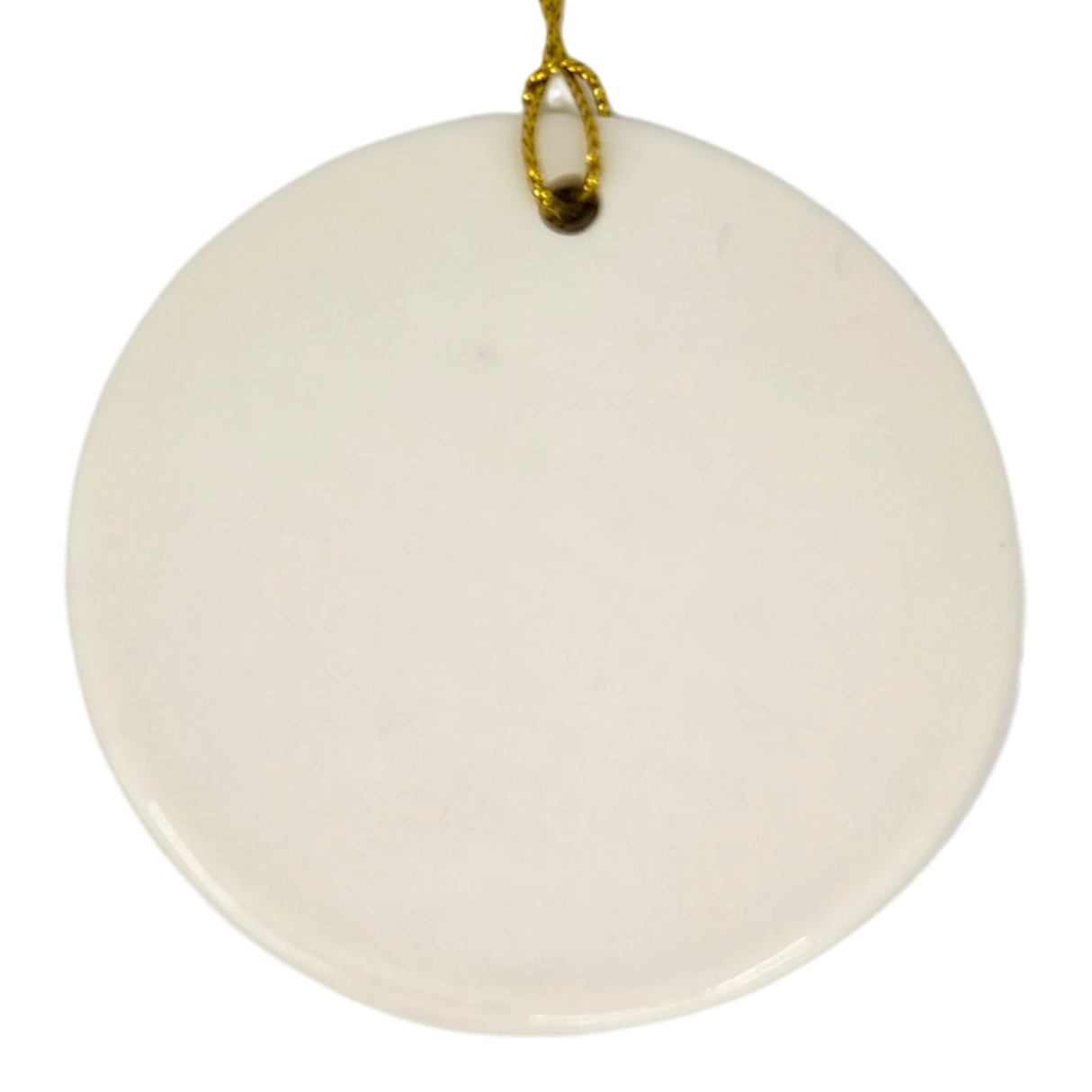 A round white ceramic ornament by Nordic Wholesale, the "Lindstrom Water Tower Floral Ceramic Ornament" (2.875" diameter), hangs against a white background with a gold string looped through a small hole at the top. Its simple elegance offers a subtle nod to kurbits folk art traditions.