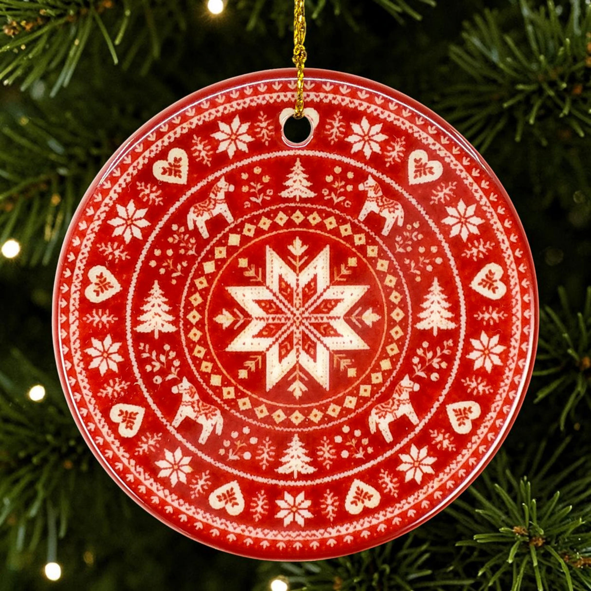 Red circular Nordic ornament featuring white snowflake, reindeer, and tree designs, hanging on a green Christmas tree with small white lights.