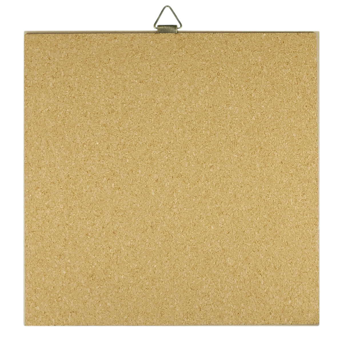 Square corkboard with a metal hanging hook at the top, displayed against a white background.