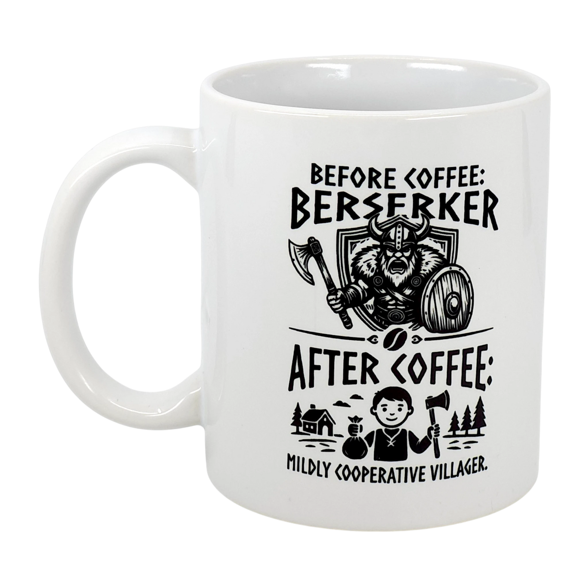 The Mug: Viking Berserker Before Coffee Ceramic Mug (11 oz) from Swedish Gift Store features black Viking illustrations showing a berserker before coffee and a friendly villager after. A humorous gift for Nordic fans!.