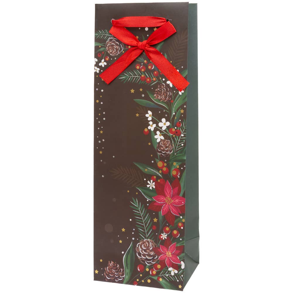 The Gift Bag: Christmas Black & Red Floral Bottle Gift Bag is a tall bottle bag with festive floral and pinecone designs, finished with a red bow at the top.