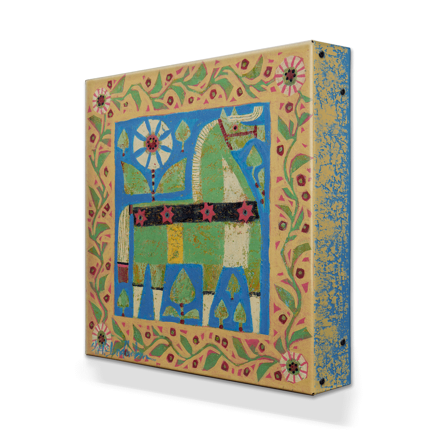 Decor: Green Dala Horse - Metal Box Art features a stylized geometric Swedish dala horse with bright colors and floral borders on an 18x18" aluminum box.