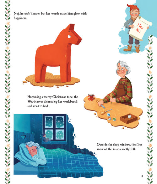 In Christmas Wish for Little Dala Horse, a red Dala horse, a woodcarver at work, and cozy indoor scenes unfold as snow falls outside in this charming Swedish Christmas tale.