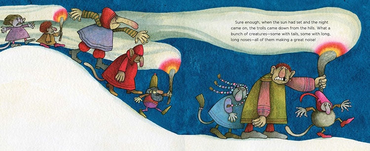 Illustration of trolls with torches and long noses, descending a snowy hill at night in a Christmas scene inspired by Tomie DePaola’s Book: The Cat on the Dovrefell A Christmas Tale.