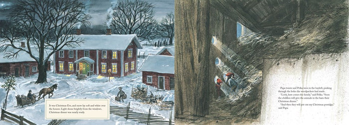 A snowy scene on the right page of "Tomtes' Christmas Porridge New Addition" by Sven Nordqvist shows a horse-drawn sleigh near a glowing farmhouse, birds nesting in a barn, and evokes the warmth of Swedish Christmas traditions.
