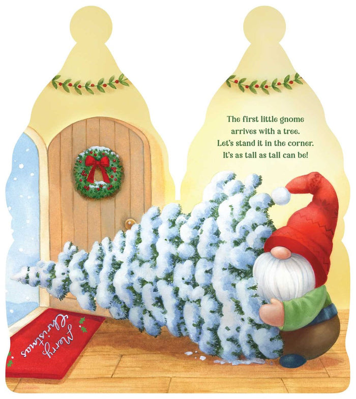 In "Christmas Gnomes," a board book by Kelly Green, a gnome with a red hat brings a snowy tree into a festively decorated house. This gnome-shaped book has a fuzzy beard on the cover and is perfect for kids’ holiday reading. Text appears beside the gnome.