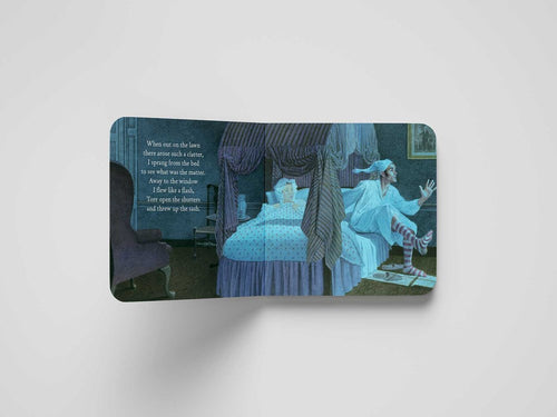 An illustrated page from Book: The Night Before Christmas – Classic Board Book Edition shows a pajama-clad figure leaping from bed in a dark, ornate bedroom, with Clement C. Moore’s classic text displayed on the left page.