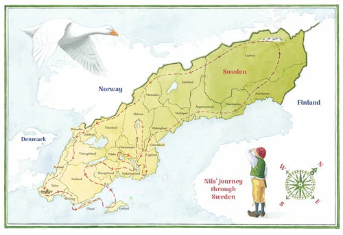 Illustrated map of Nils’s journey with a goose, inspired by "Book: The Wonderful Adventures of Nils (Hardcover)." Includes major towns, borders with Norway, Finland, Denmark, a compass, and dotted travel path.