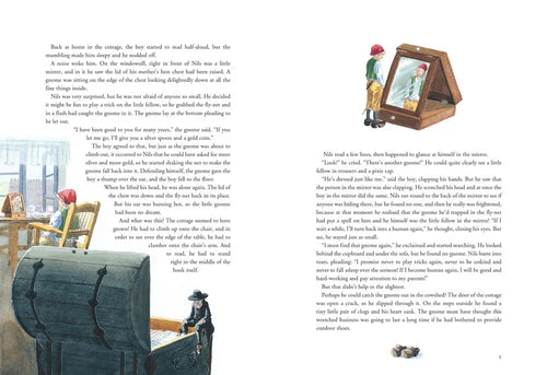 Two illustrated pages from "Book: The Wonderful Adventures of Nils (Hardcover)" show a young boy and man in a cottage with a large chest, and a small figure peeking into a wooden mirror.