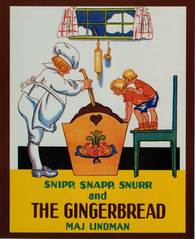 Illustrated cover of a children's book depicting a chef and two gingerbread boys peering into a large pot. Product Name: Book: Snipp, Snapp, Snurr and the Gingerbread by Maj Lindman.
