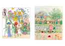 Enjoy two colorful, frameable prints from the "Art of Elsa Beskow" collection: one showcases a whimsical parade of anthropomorphic flowers with a vintage illustration style, while the other depicts a person strolling through a vibrant garden adorned with blooming flowers.