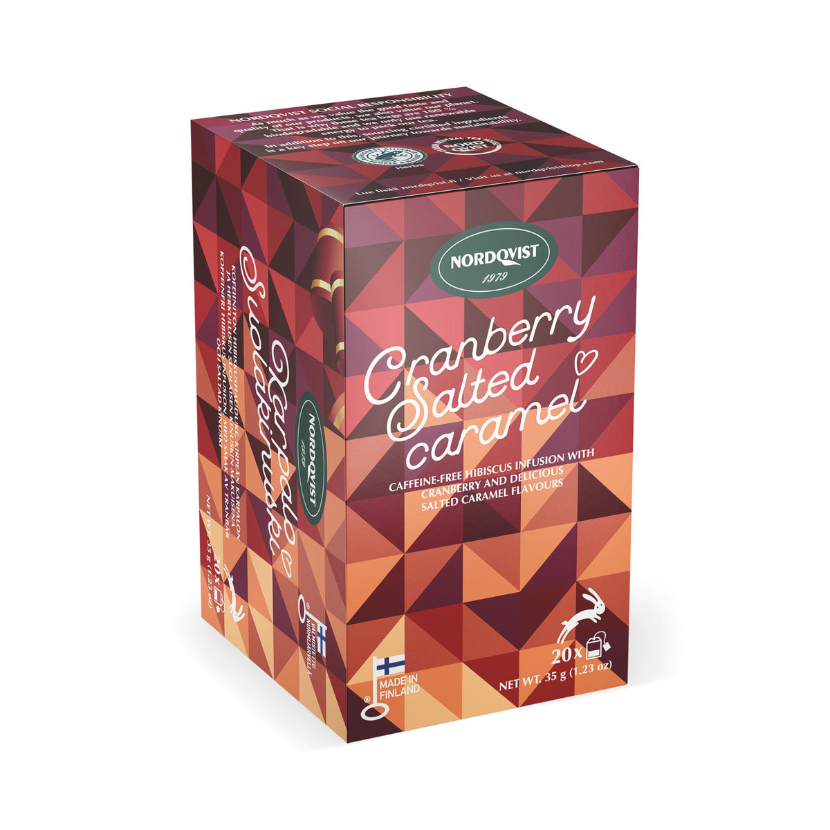 Box of hibiscus infusion tea bags featuring a geometric pattern in shades of red and brown.