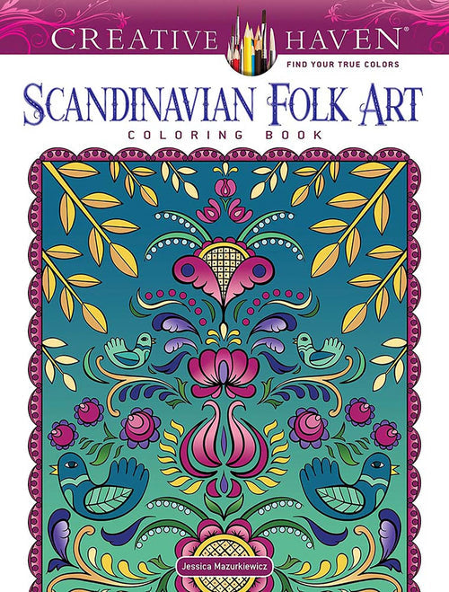 Cover of Activity Book: Scandinavian Folk Art Coloring Book, designed by Jessica Mazurkiewicz, showing vibrant Nordic folk floral and bird patterns on a turquoise background.