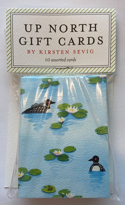 Cards: Up North Gift Cards by Kirsten Sevig—a set featuring a loon and water lily design on a blue pond, perfect for anyone who loves loons, lakes, or cabin life.