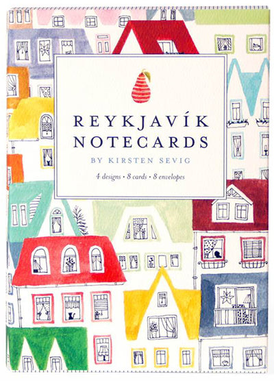 Card Pack: Reykjavik Notecards by Kersten Sevig includes 8 cards in 4 colorful house and pear designs with envelopes. Printed on recycled paper, each card is blank inside for your message.