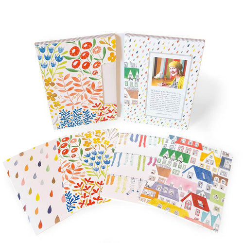 The Card Pack: Reykjavik Notecards by Kersten Sevig includes 8 blank notecards (4 designs: floral, raindrop, house) and 8 envelopes, printed on recycled paper and shown with their packaging.