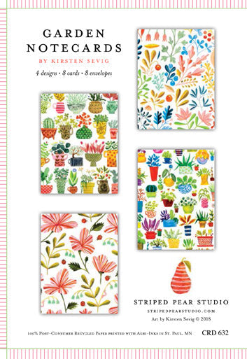 This pack includes 8 Garden Notecards by Kirsten Sevig—4 colorful floral designs on recycled paper, with 8 envelopes. Blank inside for your message. From Striped Pear Studio.