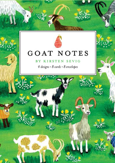 Card Pack: Goat Notes by Kirsten Sevig features an illustrated cover of goats grazing among yellow flowers. Includes 8 blank cards with 4 designs and 8 envelopes, printed on recycled paper.