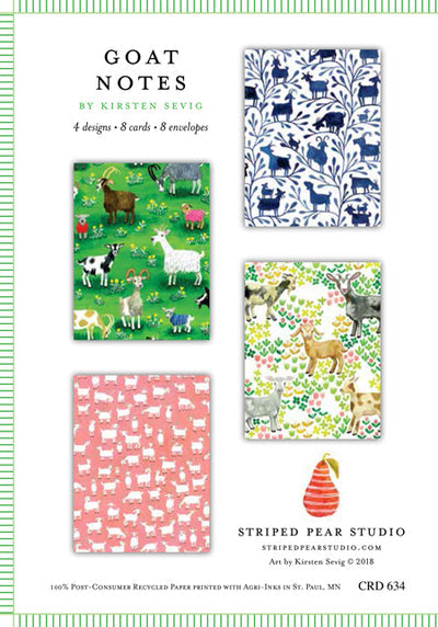 The Card Pack: Goat Notes by Kirsten Sevig includes 8 cards (4 designs) and 8 envelopes. Displayed on a white background, these recycled paper cards by Striped Pear Studio are blank inside for your message.