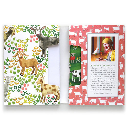 Card Pack: Goat Notes by Kirsten Sevig includes 8 recycled paper cards (4 designs) featuring illustrated deer, goats, and grass, plus photos with brief bios inside. Comes with 8 envelopes and a green animal-print bookmark—perfect for notes or messages.