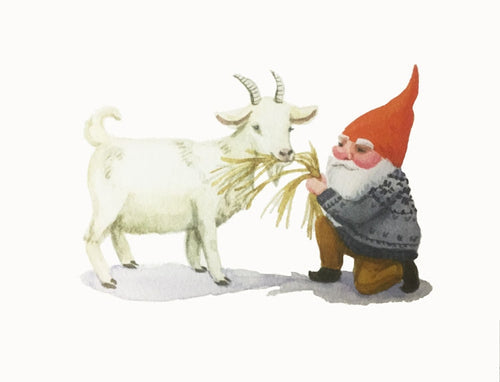 A gnome in a red hat and sweater feeds hay to a white goat on the Card Pack: Happy Gnome Notes—a charming set of illustrated note cards printed on recycled paper.