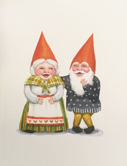Card Pack: Happy Gnome Notes features two smiling gnomes in cheerful outfits, illustrated on charming note cards printed on recycled paper.
