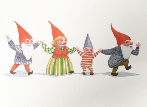 Four gnomes—one child in striped pajamas and three adults in colorful hats—hold hands and walk together, creating a whimsical scene on the Card Pack: Happy Gnome Notes illustrated note cards.