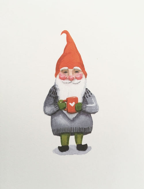 Card Pack: Happy Gnome Notes features a gnome with a red hat, white beard, green pants, gray sweater, and red mug with a white heart—perfect for illustrated note cards on recycled paper. Stands out on a white background.