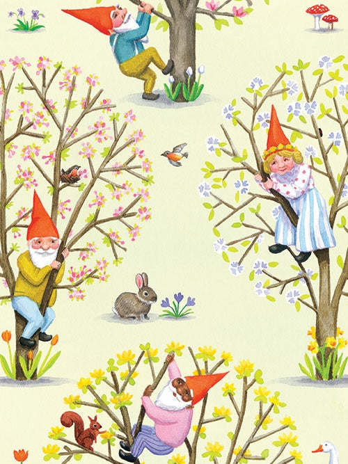 Three gnomes in red hats climb blossoming trees, joined by a rabbit, bird, and squirrel among spring flowers in Kirsten Sevig’s Springtime Gnome Notes Card Pack—8 cards with 4 designs, blank inside, on recycled paper.