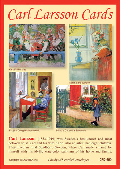 The delightful Card Pack: Carl Larsson Greeting Cards 4 Designs includes a set of eight greeting cards and envelopes, each adorned with vibrant depictions of children by Carl Larsson, and accompanied by descriptive text about the artist and his family. These all come elegantly displayed against a beige background.