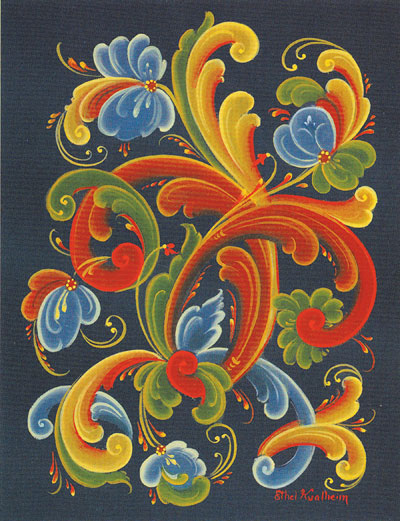 Featuring a colorful Norwegian rosemaling design of swirling red, blue, yellow, and green florals on dark backgrounds, Cards: Rosemaling Notecards by Ethel Kvalheim offers 8 designs with 8 cards and envelopes—blank inside for your message.