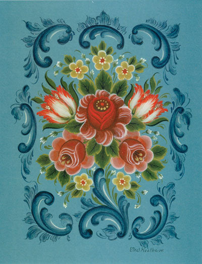 Adorned with red and white florals, green leaves, and blue scrollwork on blue, these Cards: Rosemaling Notecards by Ethel Kvalheim feature 8 symmetrical Norwegian-inspired designs; 8 cards & envelopes, blank inside.