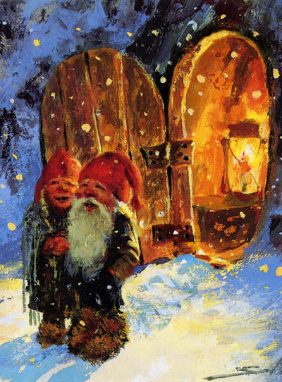 Two gnomes in red hats, reminiscent of the enchanting Tomte from Svein Solem's illustrations, stand before a warmly lit open wooden door. Snowflakes flutter around them, crafting a picturesque scene ideal for the Christmas cards set titled "Christmas Cards Svein Solem 4 Designs 8 Cards & Envelopes.