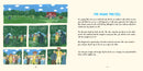 A two-page spread from "Book: Sweden's Gentle Giant by Terry Paulson and David Paulson" features illustrated scenes of children and Jöns Abrahamsson playing baseball in a park, with text narrating their game of catch.