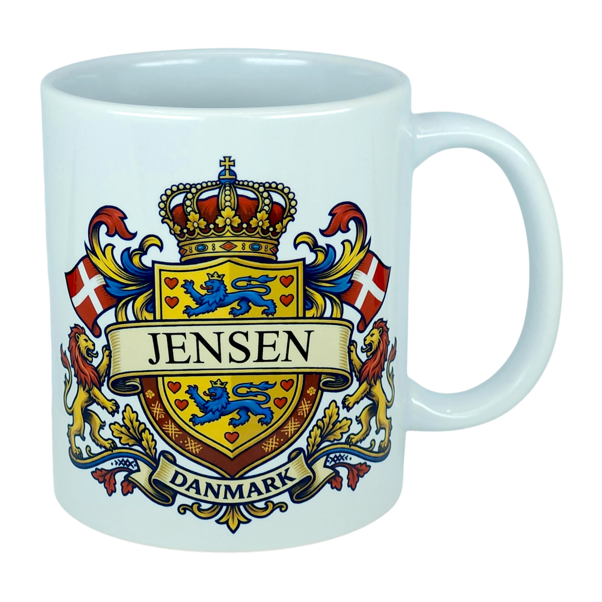 Elevate your drinkware with the Nordic Wholesale Mug: Denmark Coat of Arms Custom Name Ceramic Mug (11 oz Capacity)—a white ceramic heritage mug showcasing a vibrant Danish family crest with the Jensen name, blue lions, red Danish flags, a crowned shield, and "Danmark" below—ideal as a personalized Denmark mug.