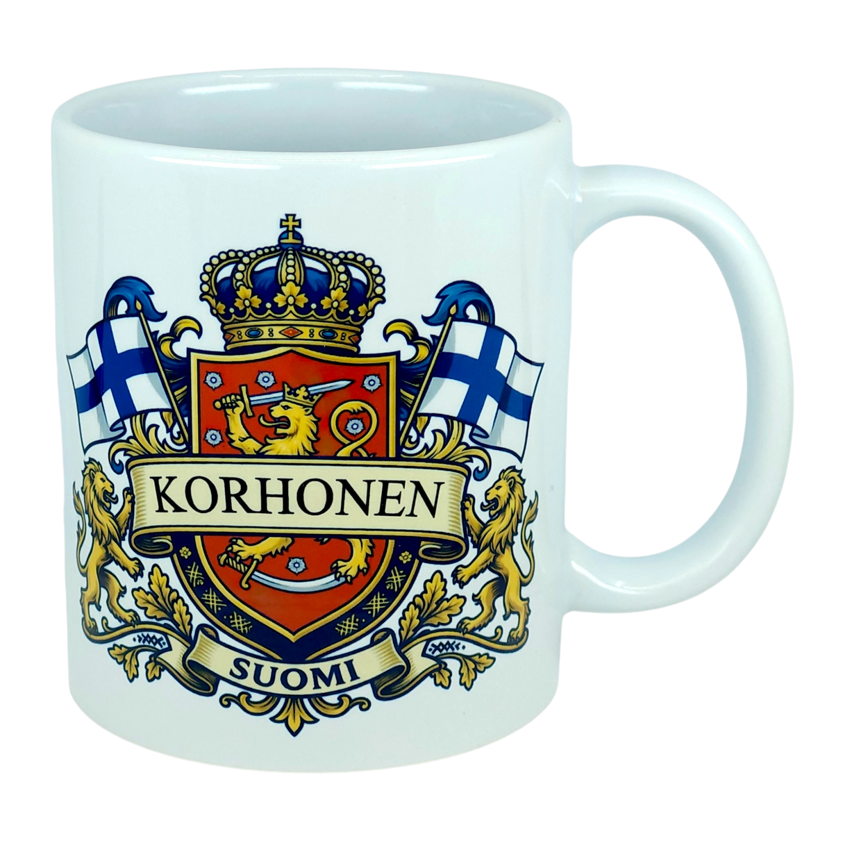 Introducing the Mug: Finland Coat of Arms Custom Name Ceramic Mug (11 oz Capacity) by Nordic Wholesale—a white ceramic mug featuring a vibrant coat of arms design with a lion, two Finnish flags, a crown, and your custom name (such as "Korhonen") emblazoned across the crest. The word "Suomi" is displayed below the emblem, making this Finnish-themed mug an ideal heritage gift or personalized family name keepsake for anyone proud of their Finnish roots.