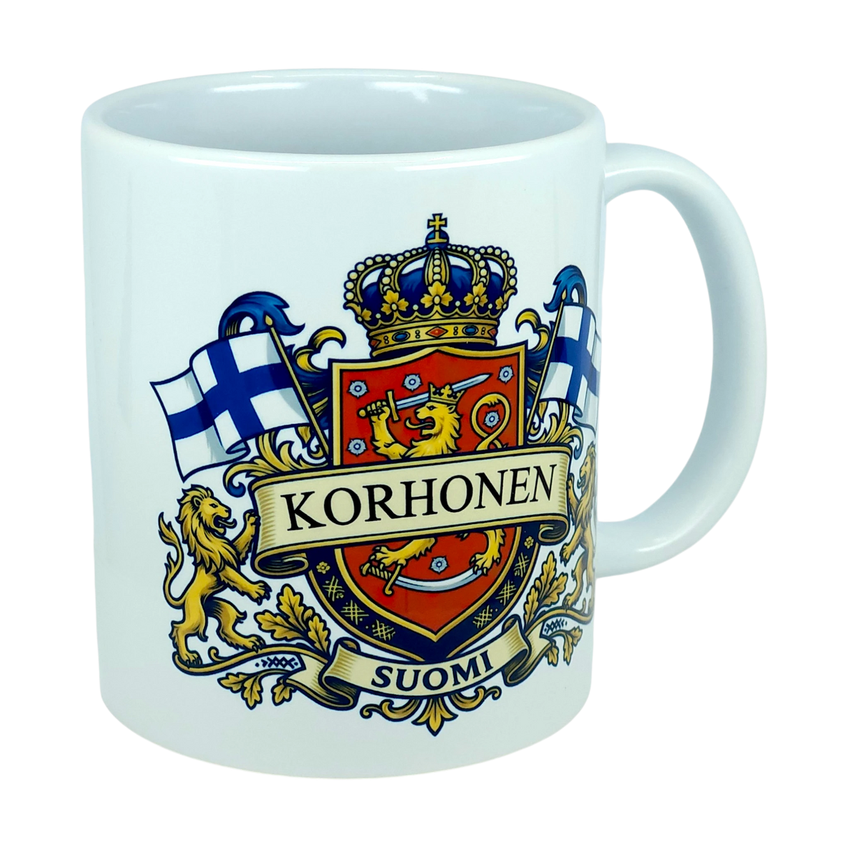 Show your Finnish pride with the Nordic Wholesale Mug: Finland Coat of Arms Custom Name Ceramic Mug (11 oz Capacity), featuring a white ceramic design adorned with the Korhonen family crest—a crowned shield, lions, Finnish flags, and “SUOMI” below—making it a perfect personalized mug to celebrate your heritage.