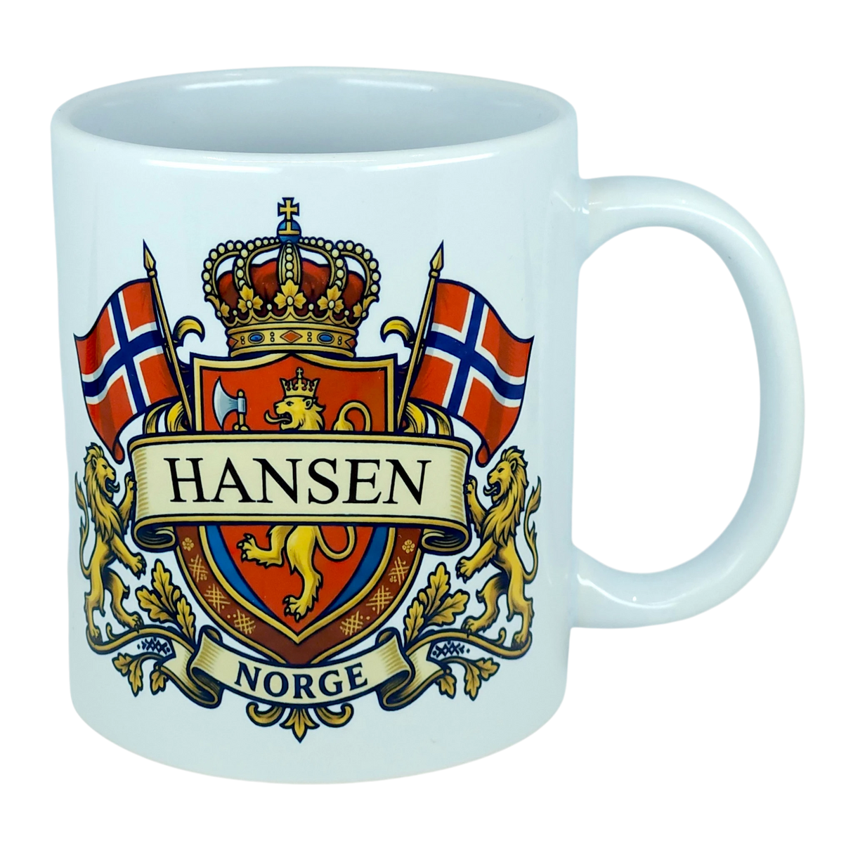 Enjoy your morning coffee with the Mug: Norway Coat of Arms Custom Name Ceramic Mug (11 oz Capacity) by Nordic Wholesale, featuring a white ceramic design adorned with a crest of two Norwegian flags, golden lions, and crown. Personalize it with your family name on the banner above “NORGE” for the perfect heritage gift—an ideal way to celebrate Norwegian roots!.