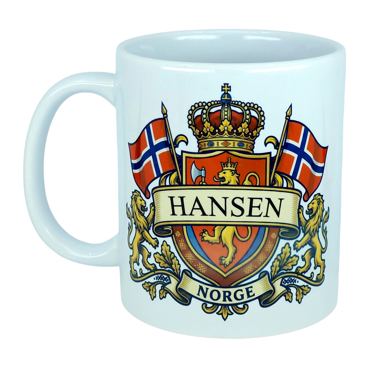 Sip your favorite beverage from the Nordic Wholesale Mug: Norway Coat of Arms Custom Name Ceramic Mug (11 oz Capacity), featuring a detailed crest with two Norwegian flags, a crown, gold lions, and a shield. Personalize it with your family name displayed on a banner above "Norge," making this mug the perfect Norwegian coat of arms keepsake and a thoughtful gift to celebrate Norway heritage.