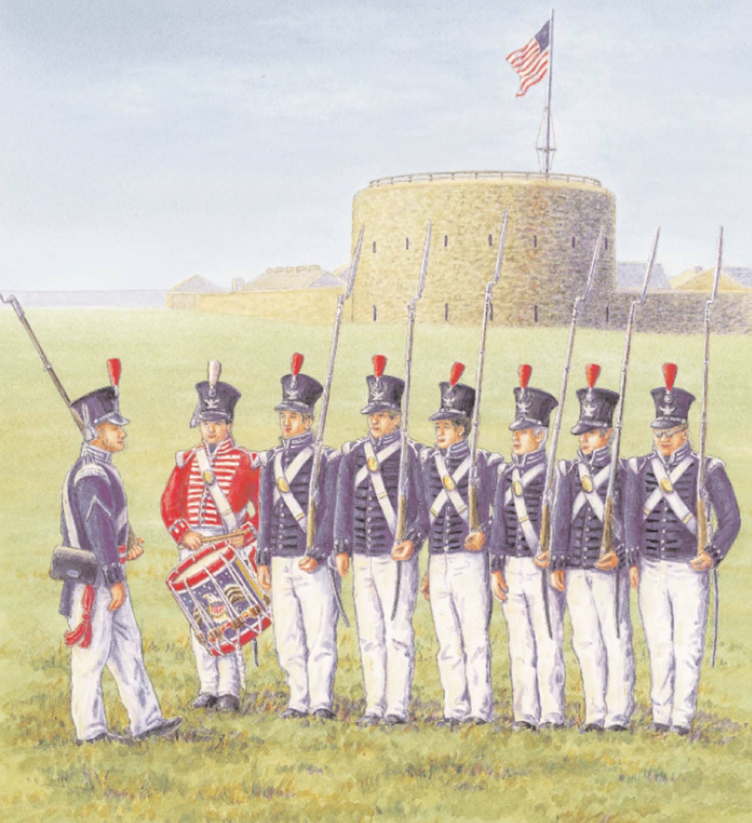 A group of uniformed soldiers stands in formation with a drummer at a historic Minnesota fort, which features prominently in "North Star Numbers: A MINNESOTA Number Book." The American flag flies proudly above, symbolizing the area's rich natural resources and storied history.
