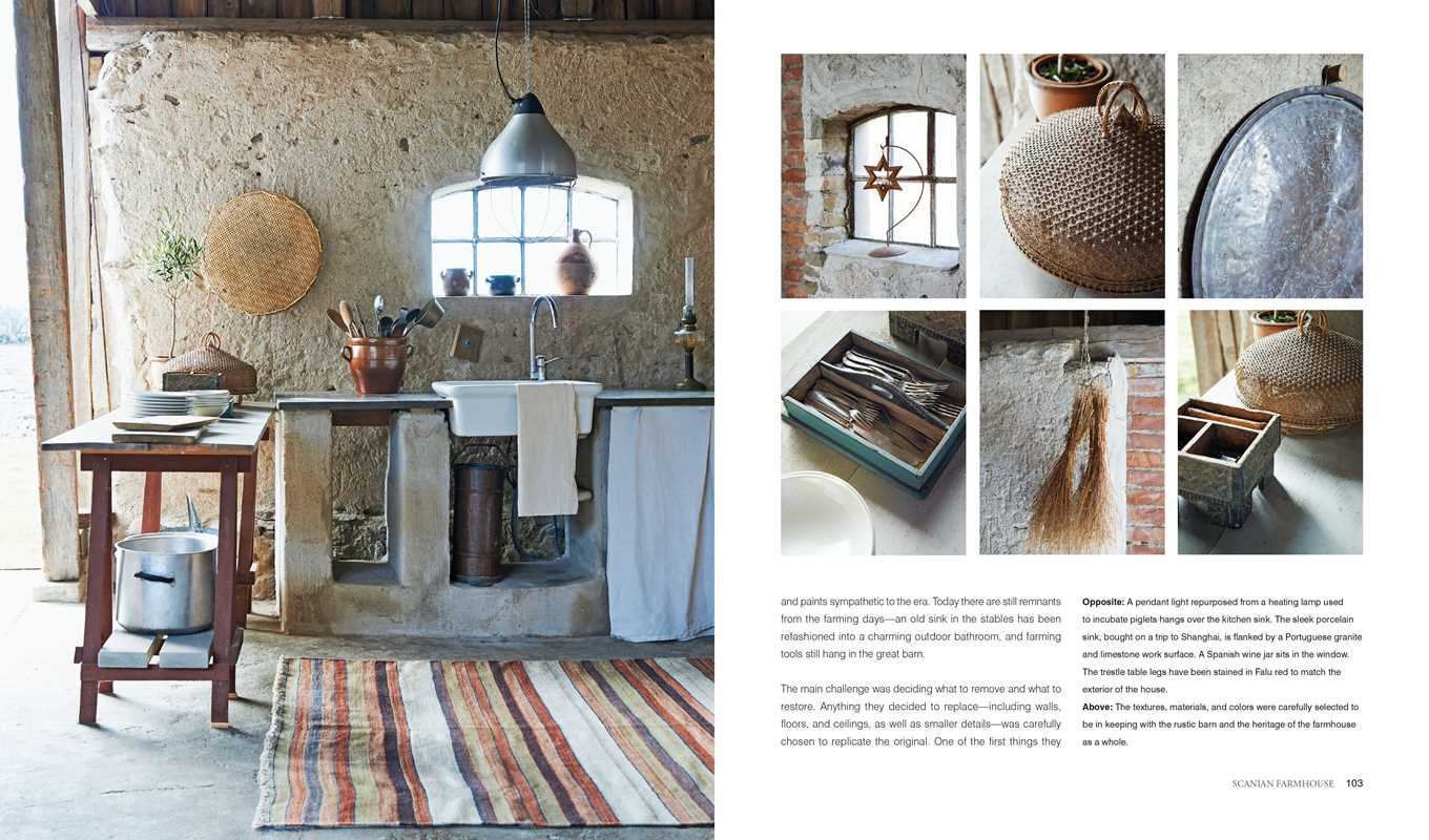 Discover relaxed rustic interiors inspired by nature with Relaxed Rustic: Bring Scandinavian Tranquility & Nature into Your Home by Niki Brantmark, featuring stone sinks, wooden tables, woven baskets, and copper pans for serene kitchen style.