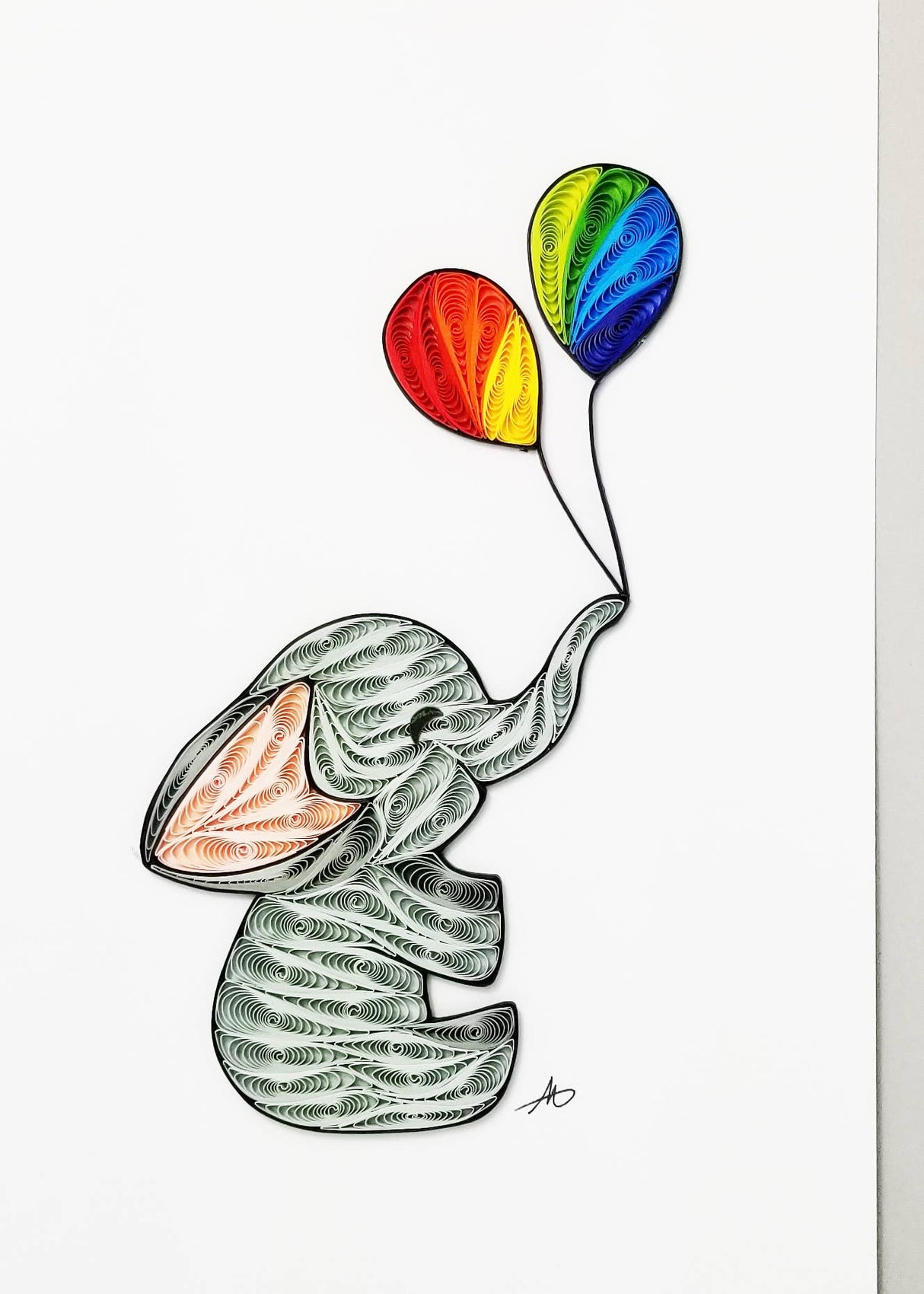 Card: Baby Elephant With Balloons 5x7 Quilling Card features a charming gray elephant holding colorful balloons, blank inside for your message. Comes with a gray envelope—perfect for baby showers and special occasions.