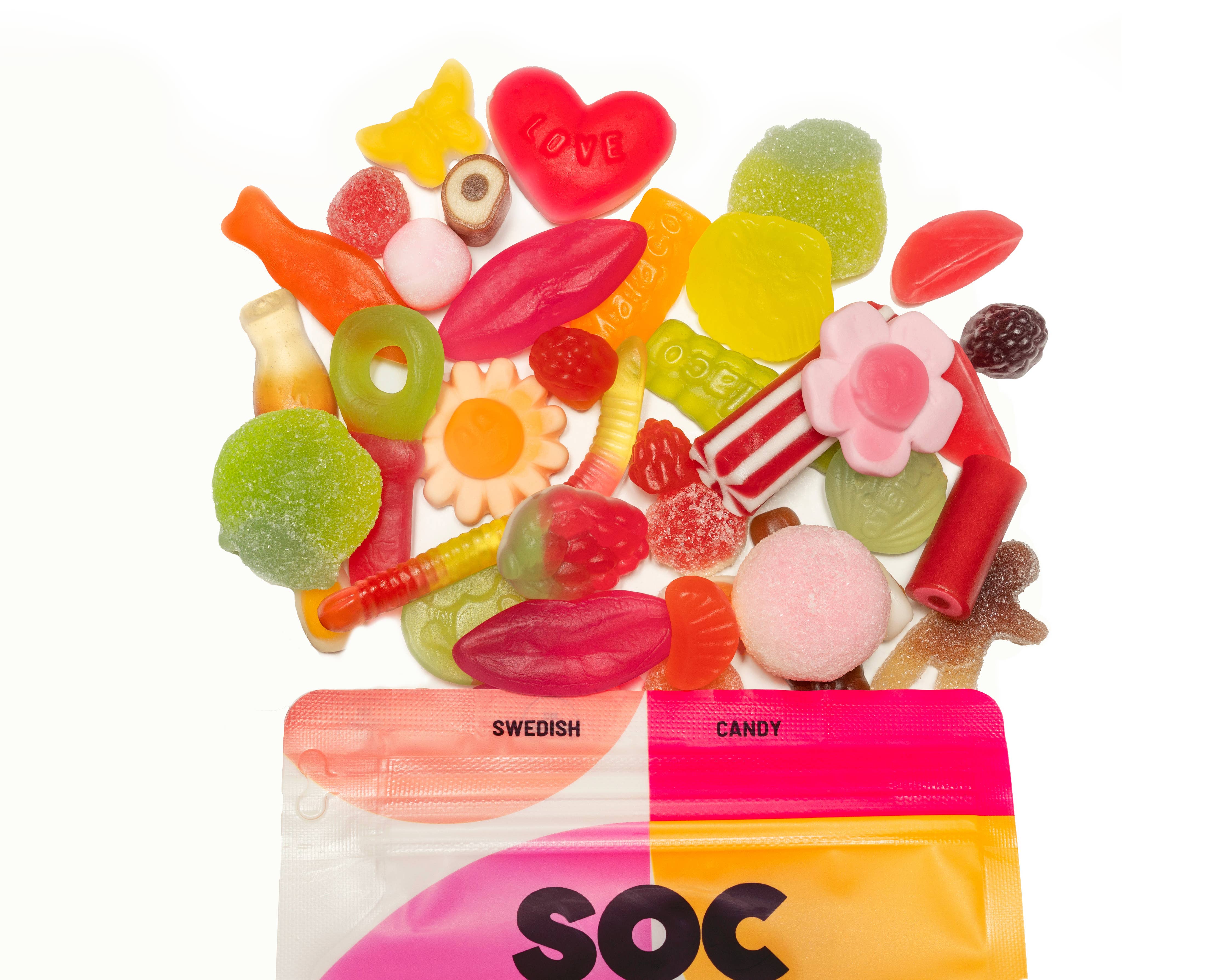 An 8oz bag of Sweet Mix Swedish Gummy Candy features a delightful, non-GMO assortment of colorful gummies and licorice, partially visible in packaging labeled "Candy: Sweet Mix Swedish Gummy Candy Bag 8oz.