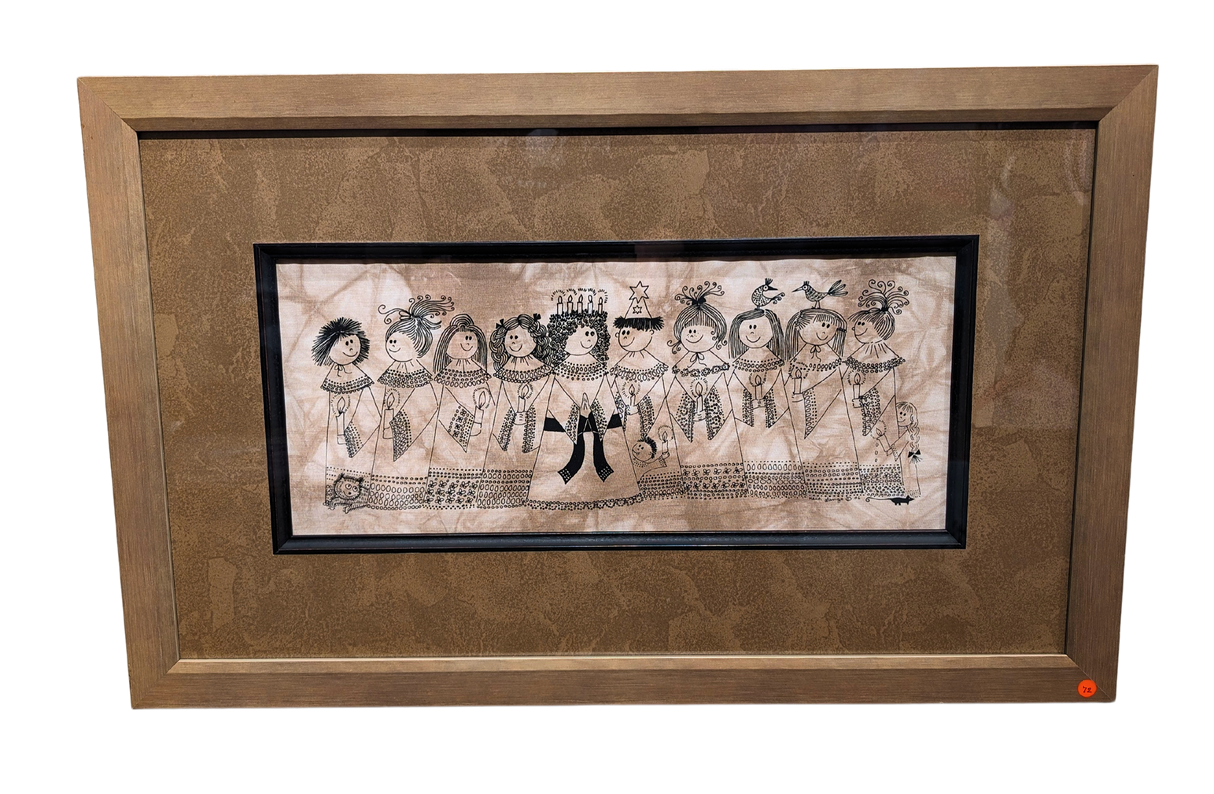 Artwork: 'Santa Lucia Pageant' (27.5”x17.5”) is a custom framed silkscreen print by Swedish artist Heidi Lange featuring nine stylized figures in festive attire with headpieces, birds, and instruments.