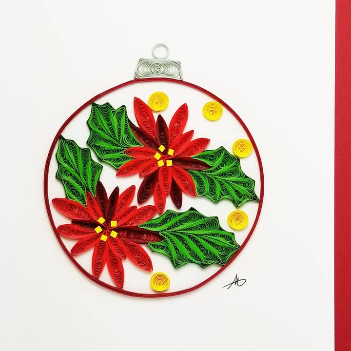 The Cards: Christmas Ornament Quilling Card 5x7 features handmade quilled red poinsettias, green leaves, and yellow details on white—an ideal festive Minnesota greeting card.