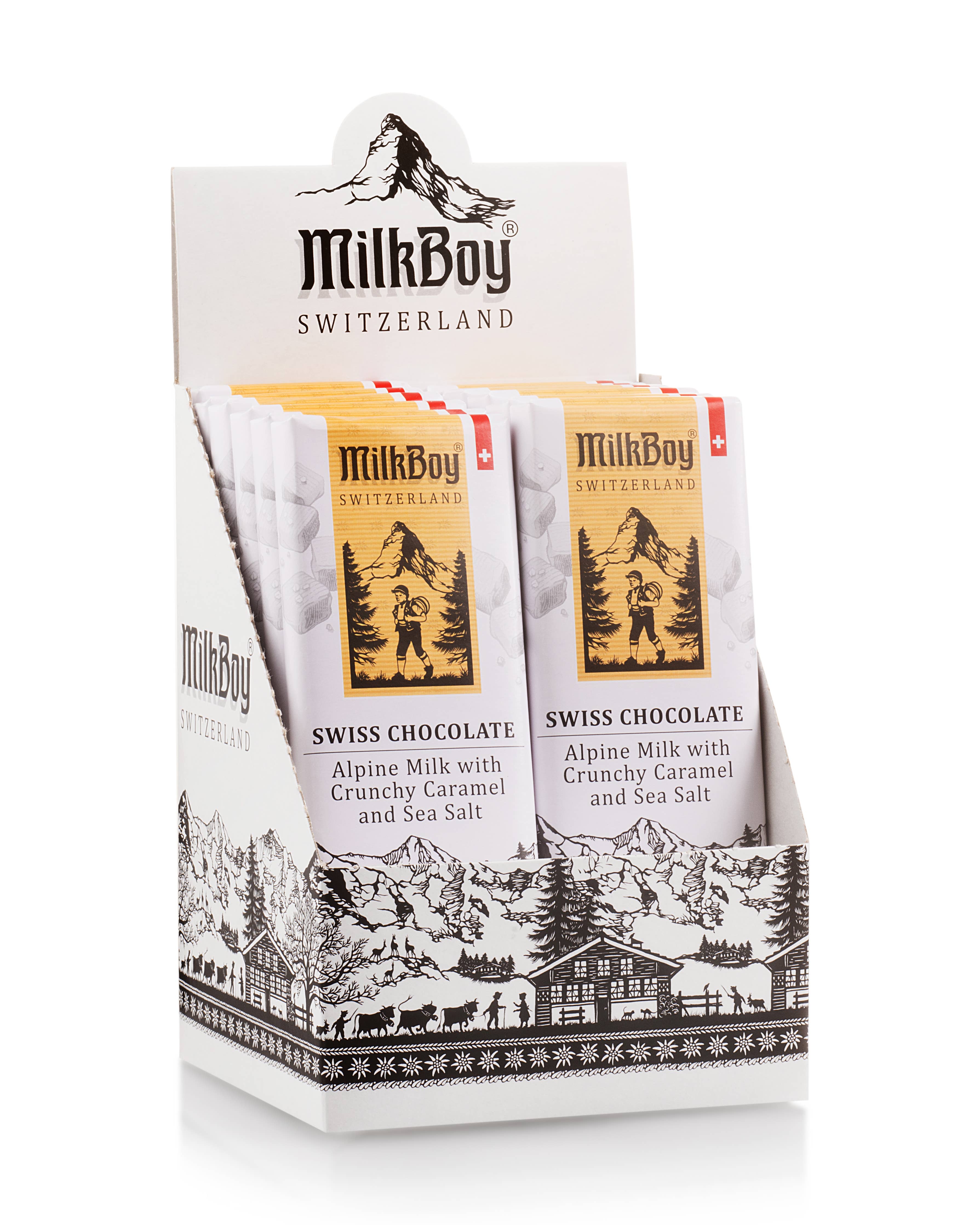 Display box featuring MilkBoy Swiss Alpine Milk Chocolate with Caramel & Sea Salt Snack Size Bars (1.4 oz), beautifully showcasing mountain scenery alongside the iconic MilkBoy logo.