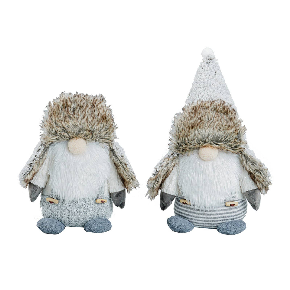 Two Scandinavian-style gnomes with white beards, furry hats, and striped outfits sit side by side on a plain white background.